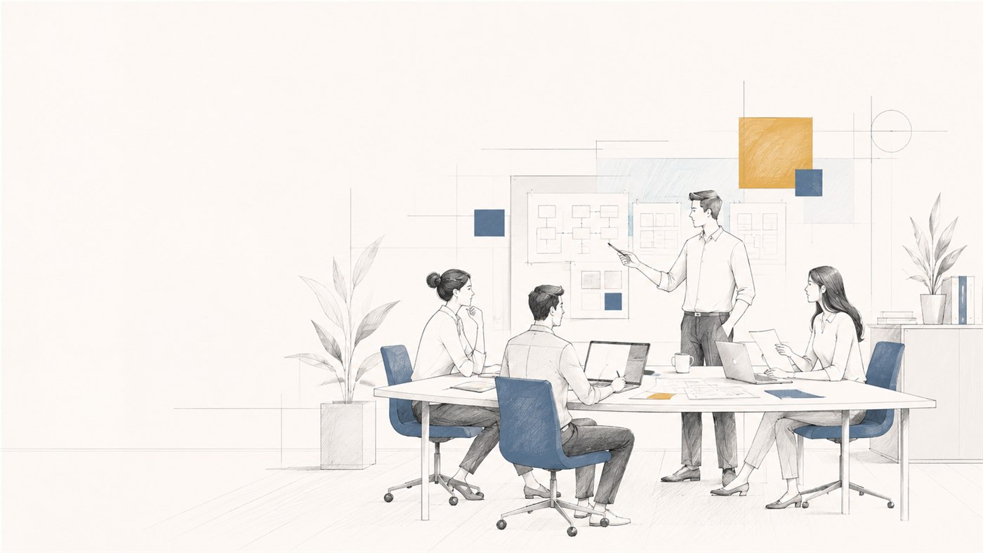 Illustration of a small team planning practical AI work around a shared desk