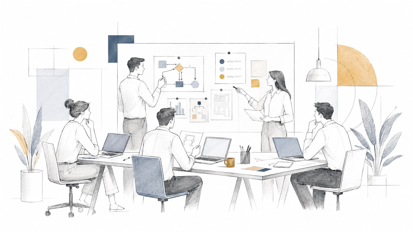 Illustration of a hands-on AI workflow planning workshop
